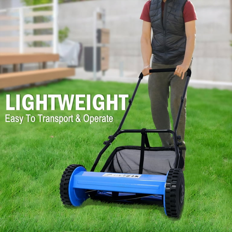 16 5 Blade Push Reel Lawn Mower with Grass Catcher No Gas or Electric Push Manual Lawn Mower with Sharp Steel Blades Adjustable Heights Eco Friendly and Quiet Operation for Home Lawns Blue