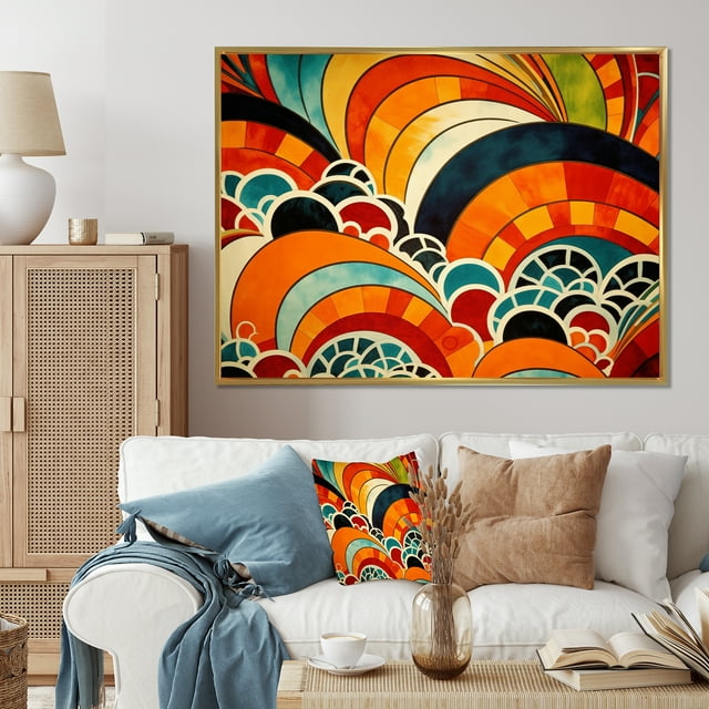 Designart Geometric framed wall art, Harmonious Shapes in Orange Abstraction I , Abstract Geometric Large framed wall art decor, Orange Modern Gold framed wall art, 40x30 inches Gold Frame