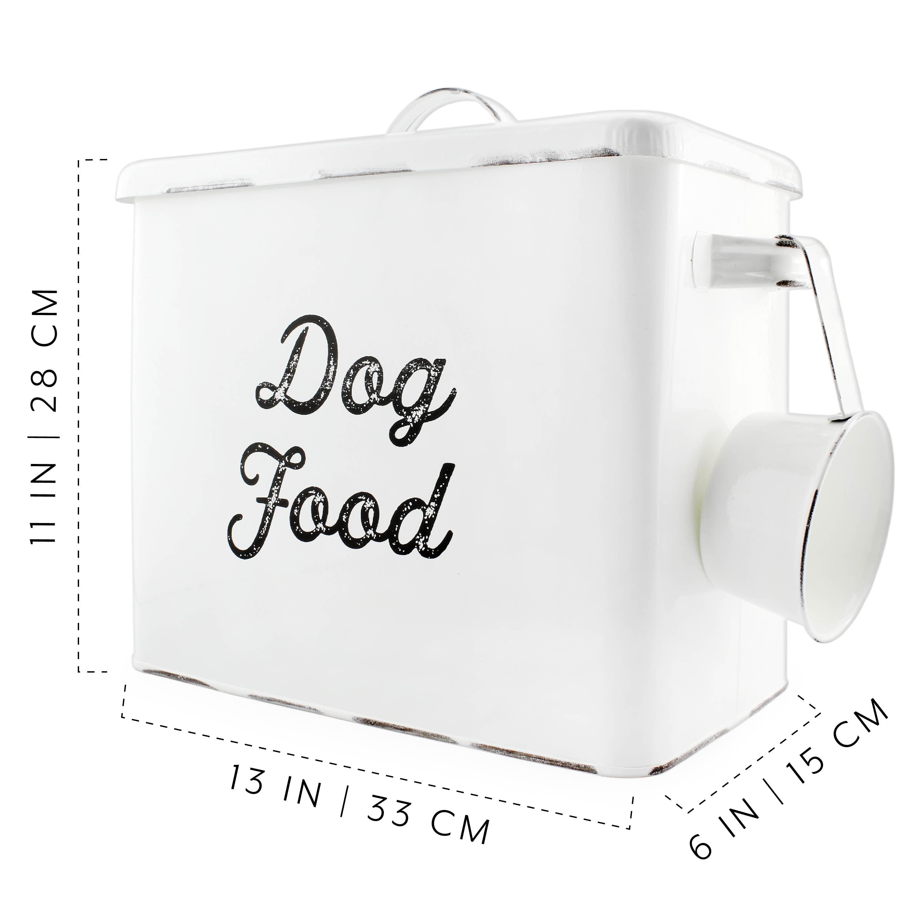 Outshine White Farmhouse Metal Dog Food Storage Container | Large Dog Food Canister with Fitted Lid | Cute Container for Dog Food | Decorative Dog
