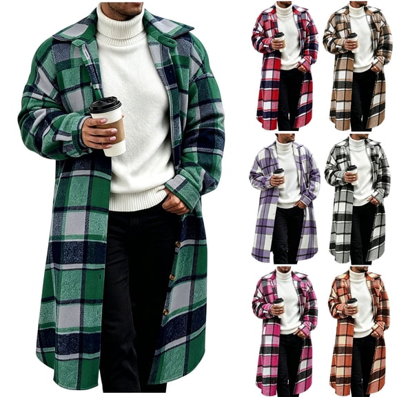 Mens Windbreaker Jackets Turn Down Collar Plaid Button Long Sleeves Cardigan Coat Fashion Casual Business Commute Warm Winter Outerwear with Pockets