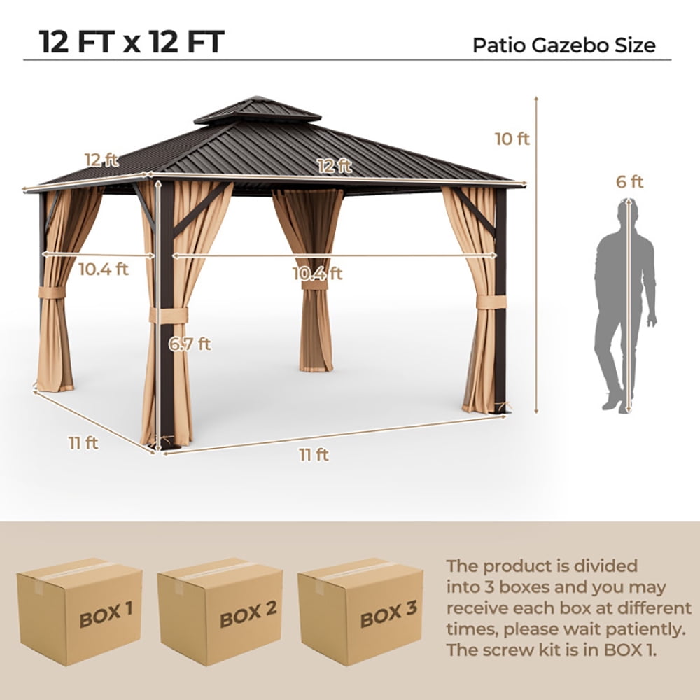 Aimee Lii 12 x 12 Feet Double-Roof Patio Hardtop Gazebo with Steel Roof Netting and Curtains, Canopy Gazebo for Party BBQ Events, Coffee