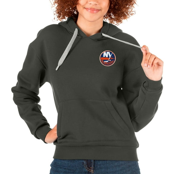 Women's Antigua Charcoal New York Islanders Primary Logo Victory Pullover Hoodie