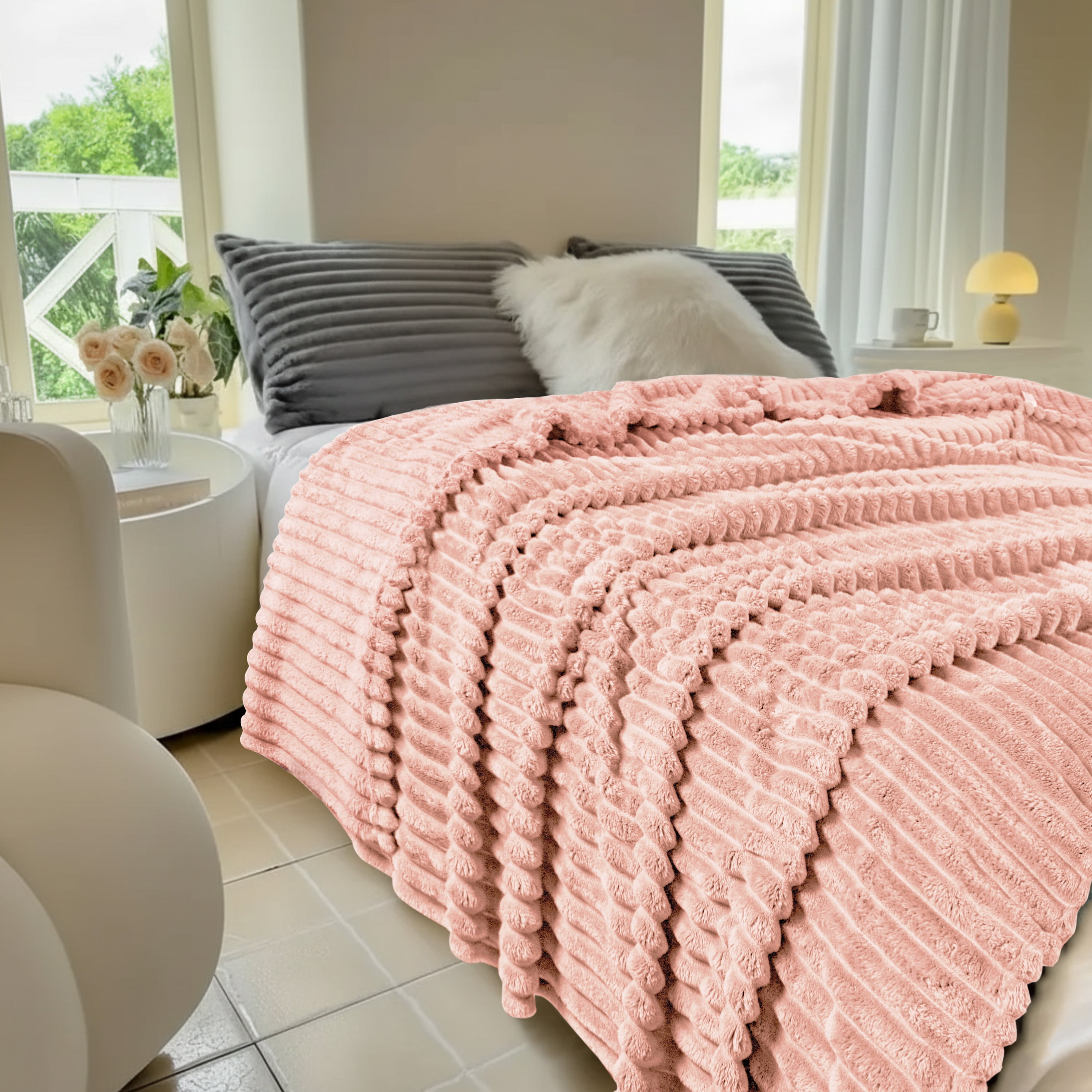 Fleece Blanket Queen Size 90" x 100" - 400GSM Oversized Soft Throw Blanket, Lightweight with Stripes Design Winter Blanket for Bed Sofa Couch