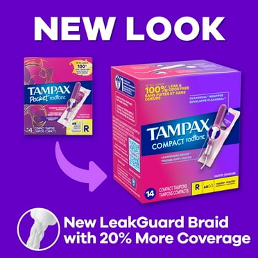 Tampax Pocket Radiant Tampons with LeakGuard Braid, Duo Pack Regular/Super Absorbency, 28 Ct