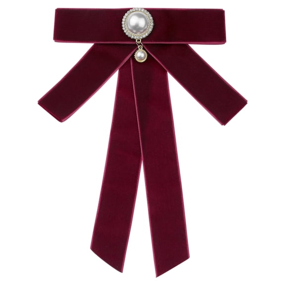INSPIRE CHIC Velvet Ribbon Heart Beads Bow Tie Brooch Suitable for Women Girls Bow Tie Pre-tied Bow Pin Corsage Neckline AccessoriesOne Size Burgundy