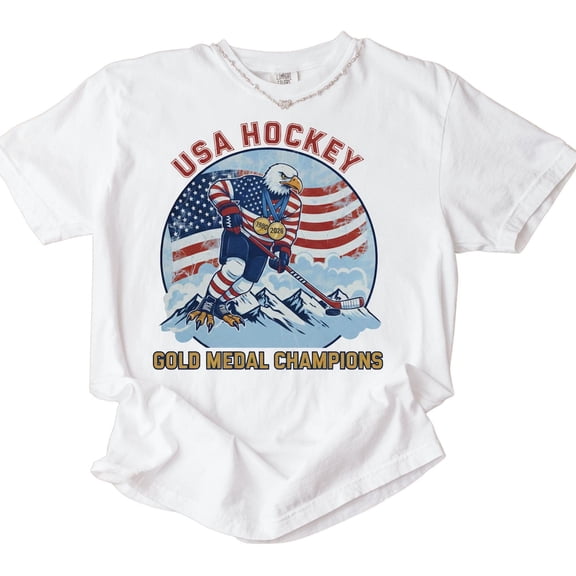 USA Hockey Gold Medal Champions Eagle Graphic Shirt Patriotic American Flag Ice Hockey Vintage Sports Fan Graphic Tee Comfort Colors Unisex Cotton T-Shirt, Sizes S-3XL