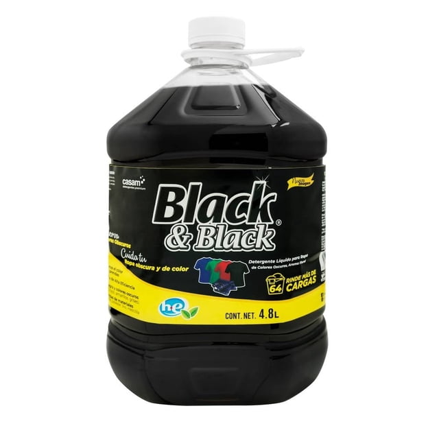 Detergente líquido Black & Black para ropa oscura 4.8 l en envase plástico negro con tapa blanca, ideal para cuidado de prendas de algodón, poliéster y lino, preserva el color evitando manchas blancas, biodegradable y compatible con lavadoras tradicionales y de alta eficiencia, con aroma floral agradable.