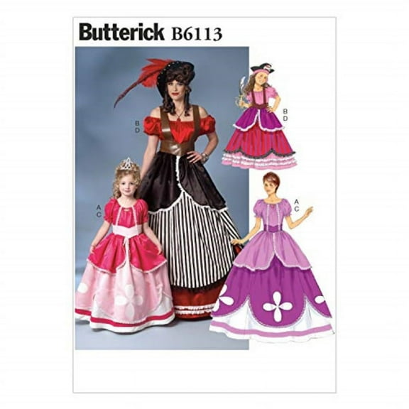 Butterick B6113 Women and Girl's Pirate and Princess Dress Costume Sewing Patterns, Children's Sizes 3-8 and Women's Sizes S-XL