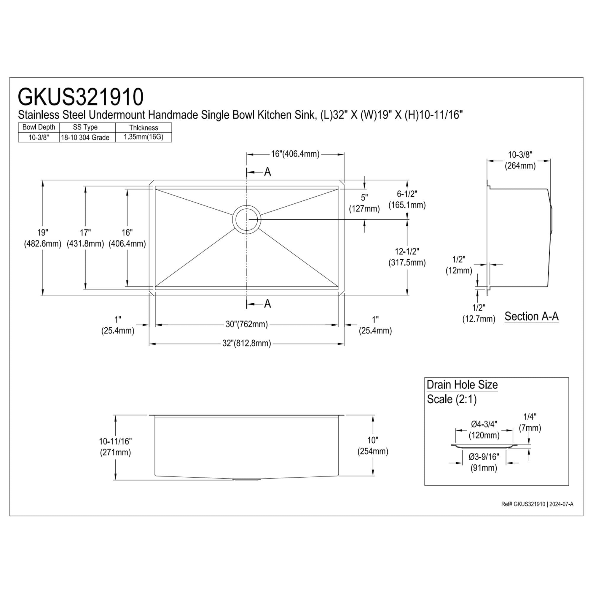 Kingston Brass GKUS321910 Uptowne 32-Inch Stainless Steel Single Bowl Undermount Kitchen Sink with 6-Piece Kitchen Accessory Set in Brushed