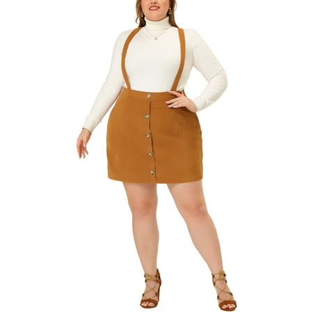MODA NOVA Juniors Plus Size Button Zip A-Line Corduroy Mini Suspender Skirt Brown 4X