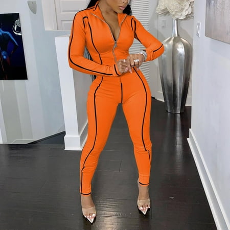 

Aayomet Bodysuit For Women Jumpsuit Jumpsuit For Women Fashion Casual Solid Color Long Sleeve Zipper Sexy Romper Jumpsuit Orange XXL