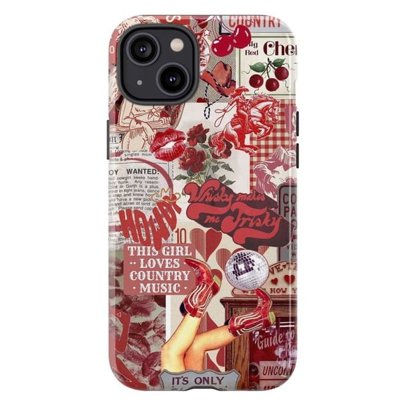 Country Music Collage Phone Case, Red Western Boots and Whisky Artistic iPhone Cover, Retro Cowgirl Protective Case for iPhone 17 16 15 14 13 12 11 Plus Pro Max Mini