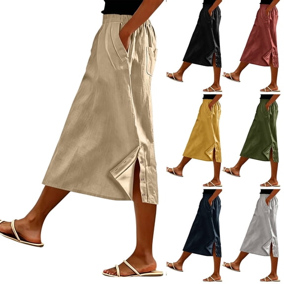 Womens Midi Skirt with Slit Cotton Linen Long Ankle Length A Line Skirt Lightweight Causal Boho Beach Summer Skirts Khaki 2XL