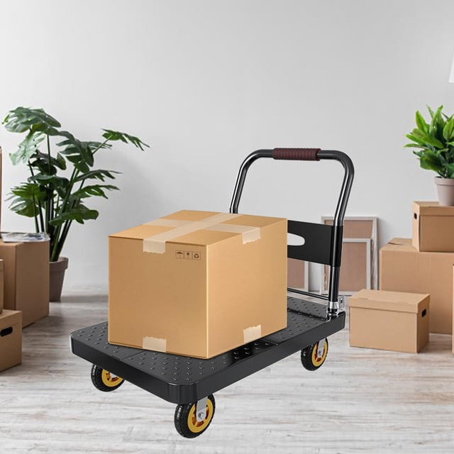 Carro móvil plano de acero de alta resistencia, camión de mano, rodamiento de carga de 425kg, mango plegable multiusos de 70x45x80cm para muelles de Negro