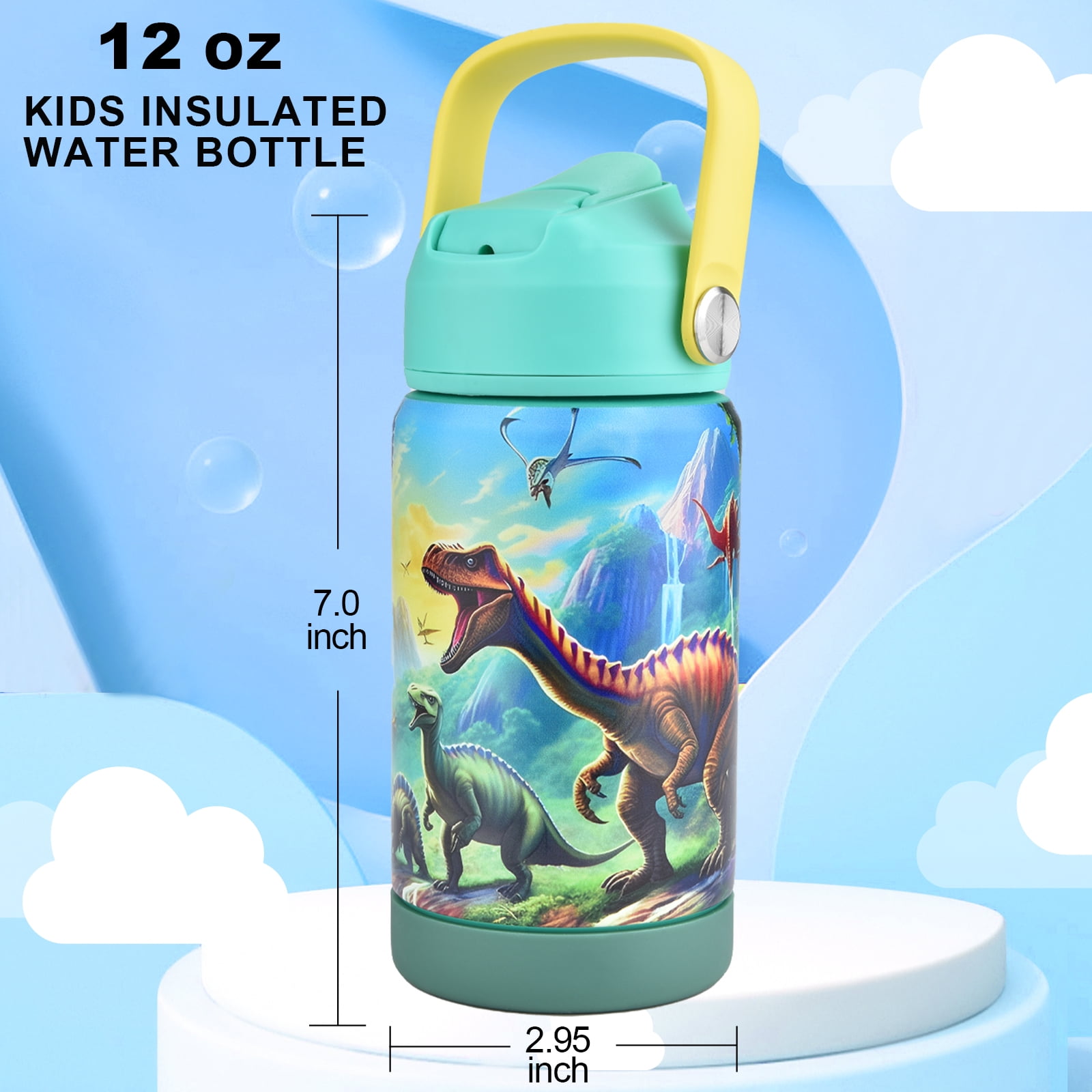 CaseTown 12oz Kids Insulated Water Bottle, Leak-proof Toddler Cup With Straws Lids, Kids Water Bottles For School Boys Girls, Stainless Steel Vacuum Insulated Bottle For Kids (Dinosaur)
