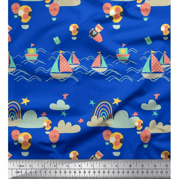Soimoi Blue Cotton Voile Fabric Hot Air Balloon,Yacht & Cloud Cartoon Print Fabric by the Yard 42 Inch Wide