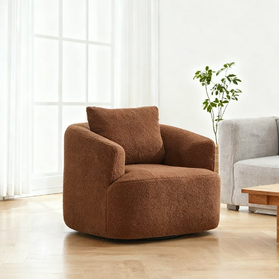 Homefun 37.4'' Swivel Accent Chair With Soft Pillow,Teddy Fleece Oversize Round Sofa Chair, No Assembly for Living Room,Brown