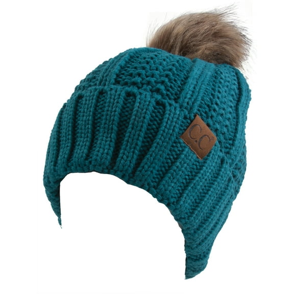 C.C Fleece Lined Cable Knit Faux Fuzzy Skull Cap Cuff Beanie With Pom, Teal