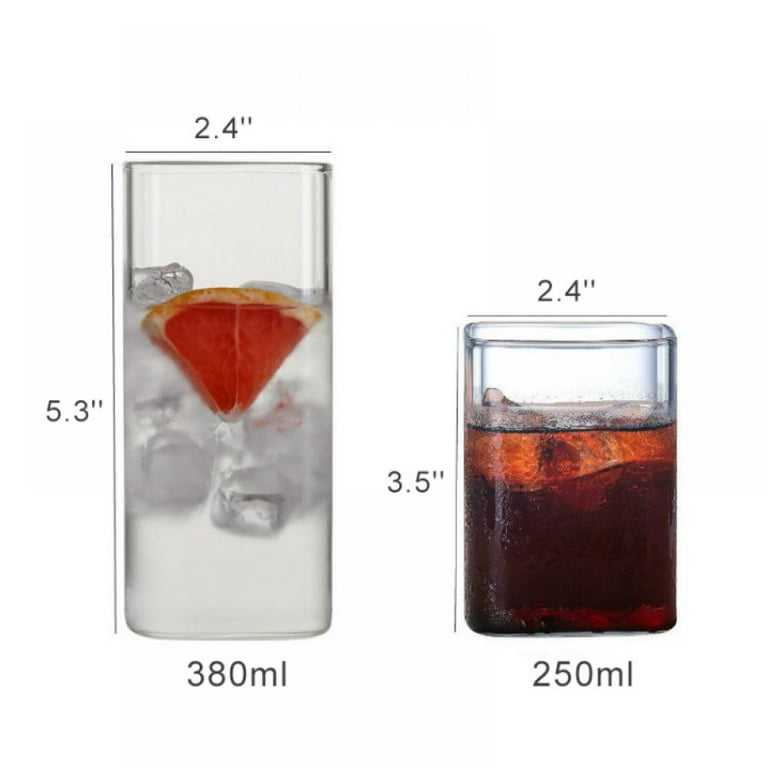 Square Glass Cups Tumbler Highball Drinking Glasses for Water Wine Beer Cocktails Juice Iced Tea Coffee Mixed Drinks Kitchen Party Home Everyday Use