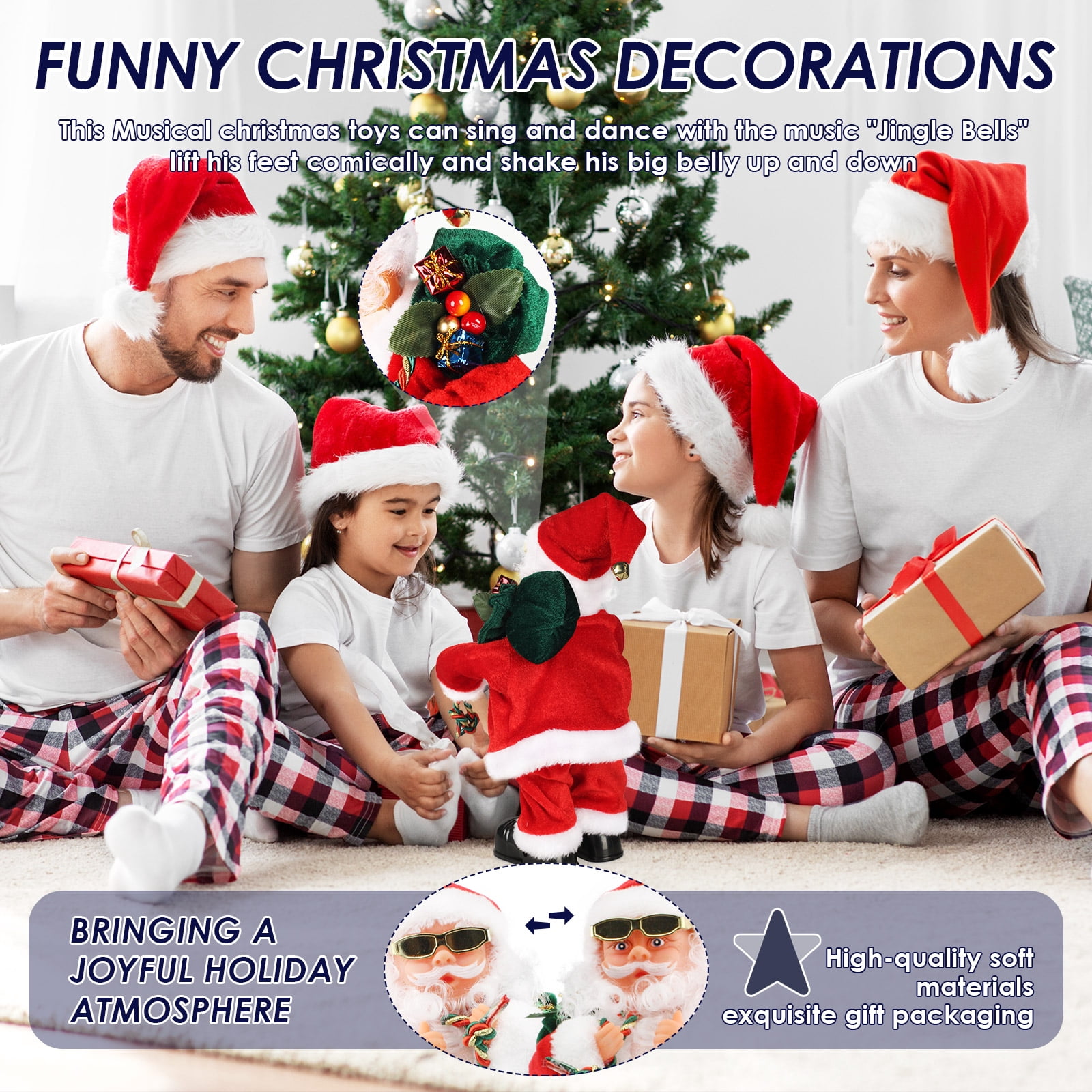 Belly Shaking Singing Dancing Santa Claus Toy with Music, Musical Christmas Decoration Playing Jingle Bells with Bouncing Glasses