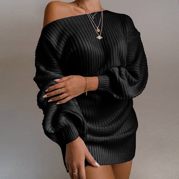 ZHOGXU Womens Dress Long Sleeve Off Shoulder Solid Color Knitted Fashion Comfortable Slim Fit Sweater Dresses For Casual Daily Wear,Black,L