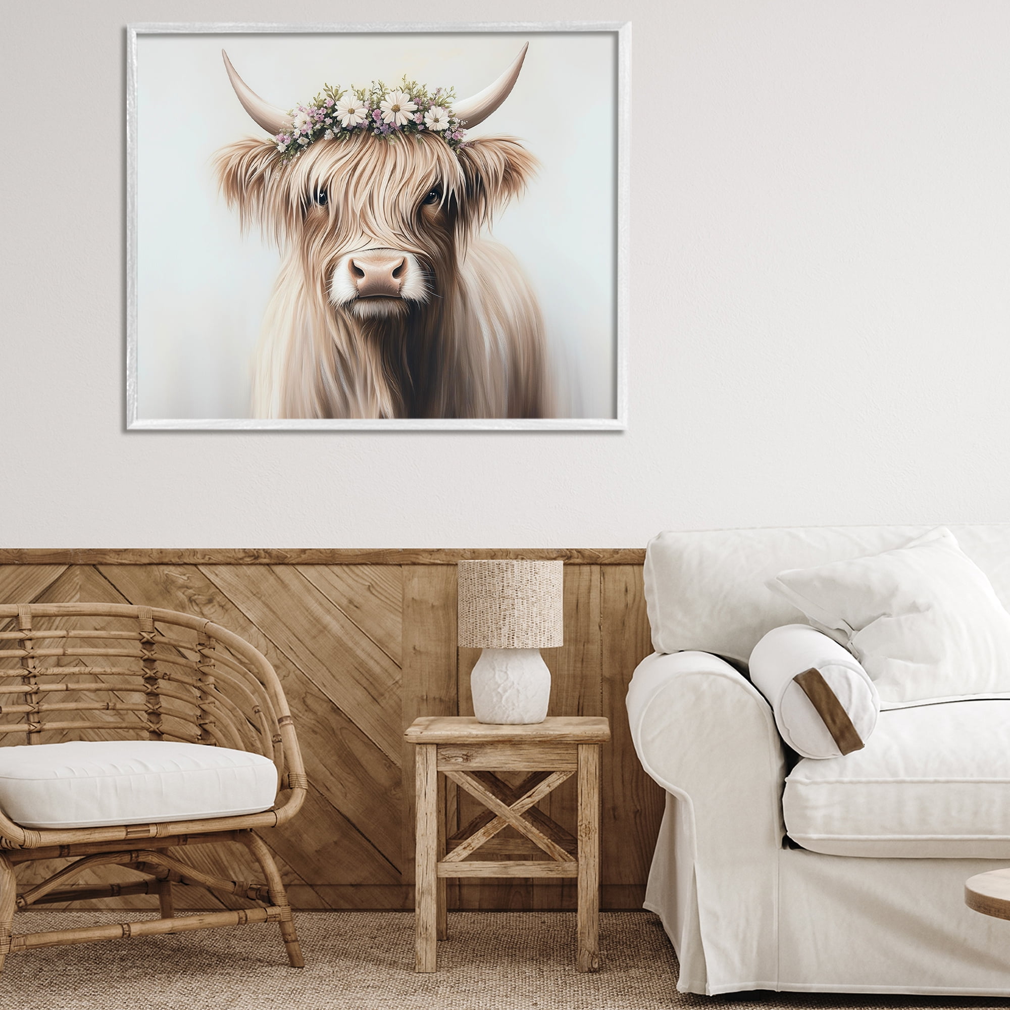 Shaggy Cattle Floral Crown White Framed Giclee Art, design by Shawna Stewart