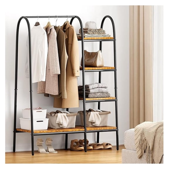 Free-Standing Garment Clothing Racks, Home Metal Clothing Rack with 4-Tier Storage Shelves and Hanging Rod Closet Storage Organizer Clothing Rack for Bedroom Living Room Entryway,