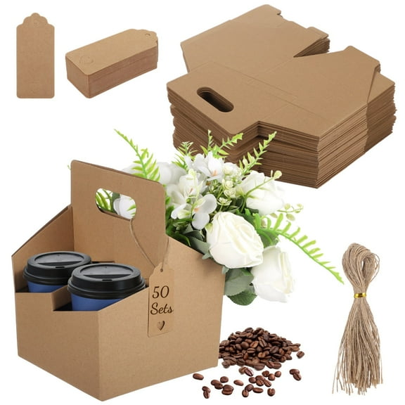 50 Pcs 4-Cup Drink Carriers with Handles,Disposable Kraft Paper Drink Holders , Coffee Cup Holders with Cards & Ropes, Takeout Beverage Holders, Serve Cold & Hot Drinks