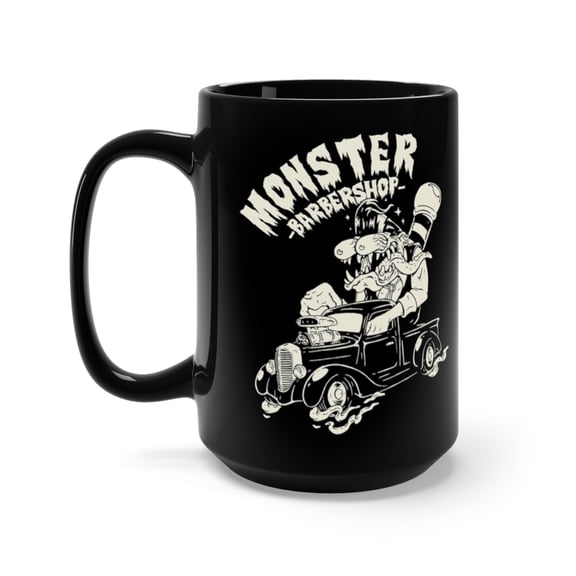 Monster Barbershop Zombie Barber Hot Rod Gasser Coffee Mug, 15oz, Black