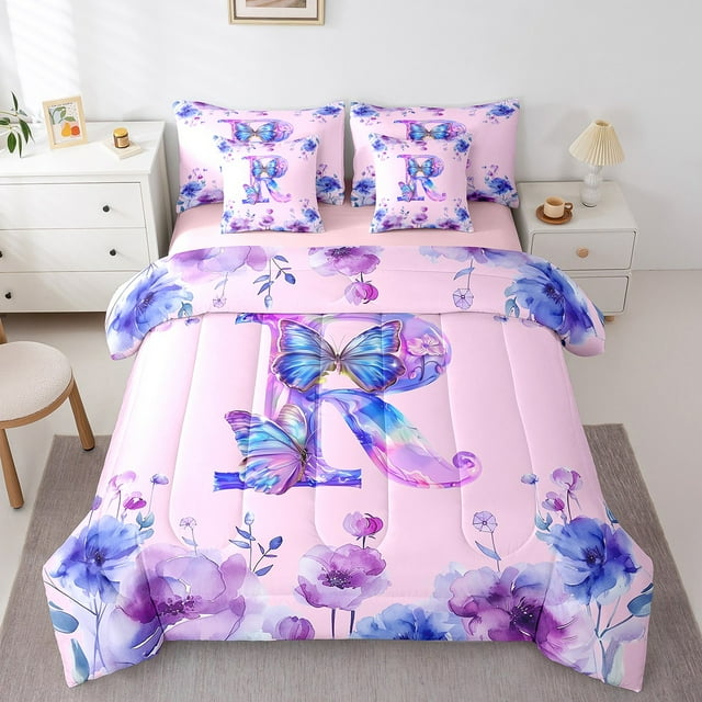Erosebridal Monogrammed R Bedding Sets King Size,Tie Dye Flower Print Comforter Sets with Sheets,Wild Animal Butterfly Bed in a Bag King Size,Lightweight Room Decor Reversible,7-Piece