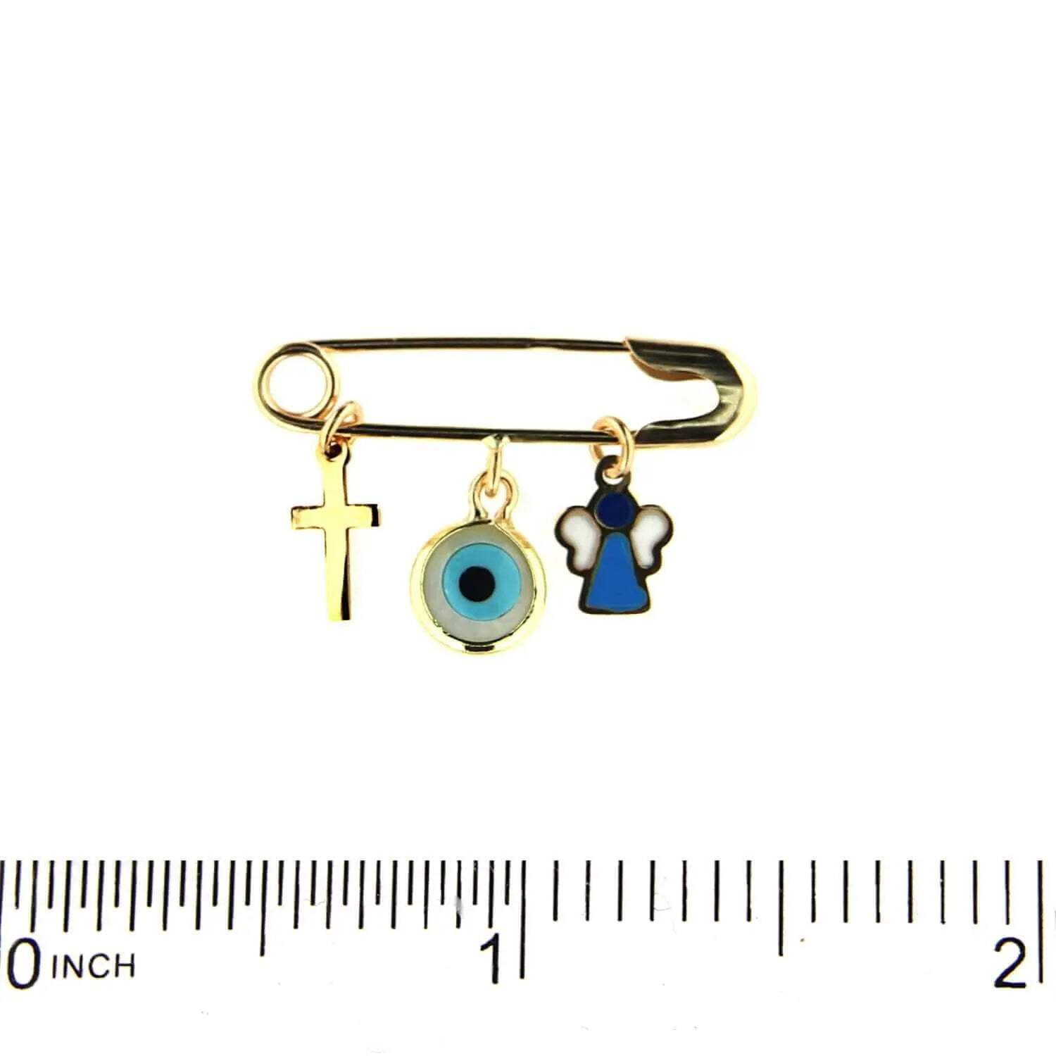 18k Solid Yellow Gold Cross Evil Eye and enamel Angel Safety Pin
