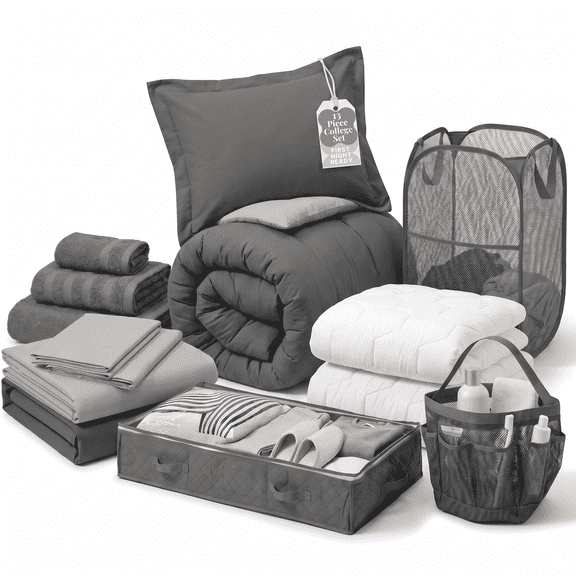 Virtu Back to College Dorm Room Essentials, Twin XL Comforter Sets, Dorm Bedding, Twin Xl Bed In a Bag with All Dorm Accessories and Bedding, Grey