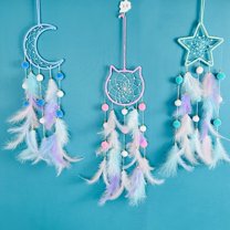 Eoperou Colorful Feather Dream Catcher with Lamp Strip - Living Room Girls Bedroom Wall Art Handmade Boho Cat Moon Star Bunny Dreamcatcher Decor