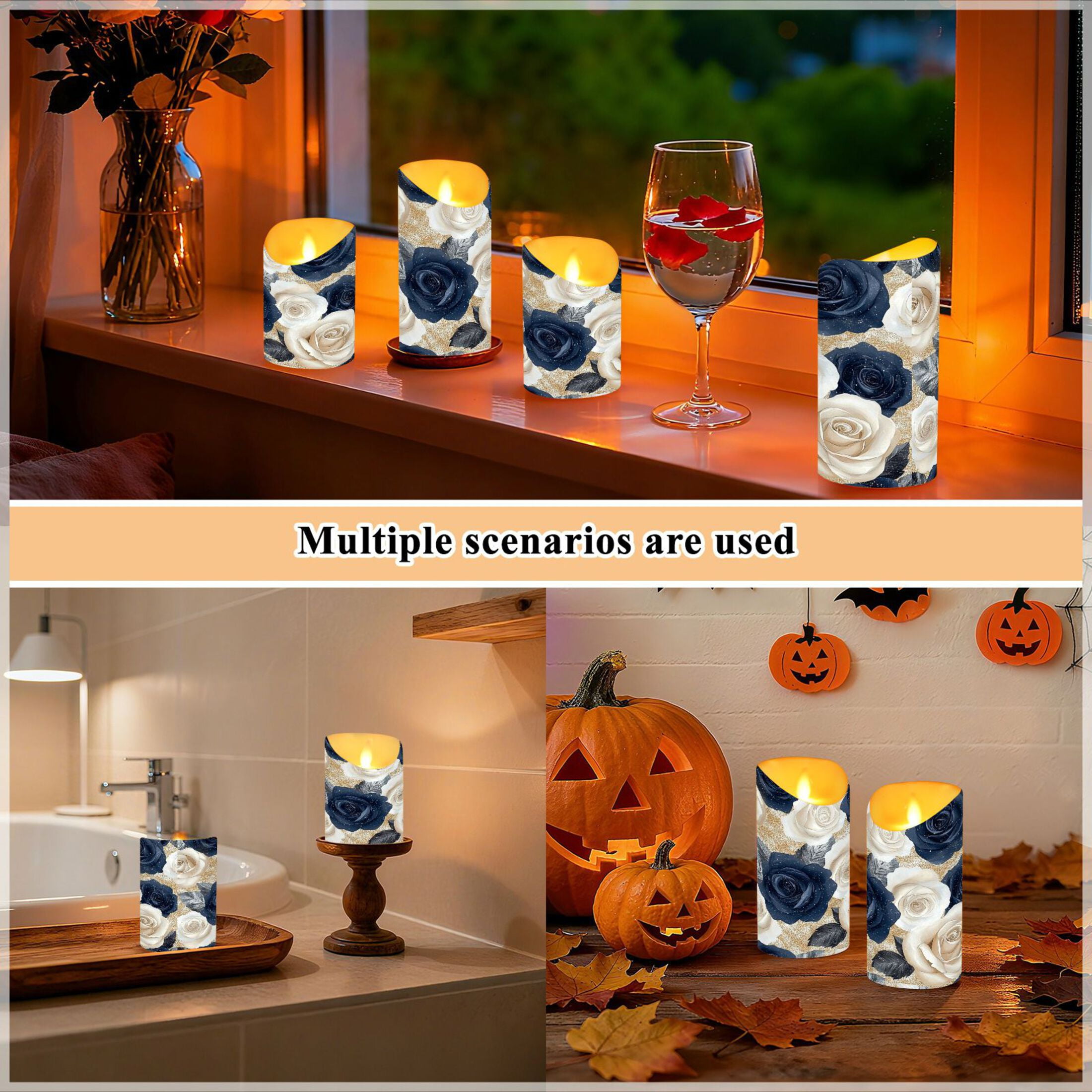 Wobogo Luxurious Floral Flameless Candles with Remote Battery Operated Flickering LED Candles with Timer 2/4/6/8H Medium Size