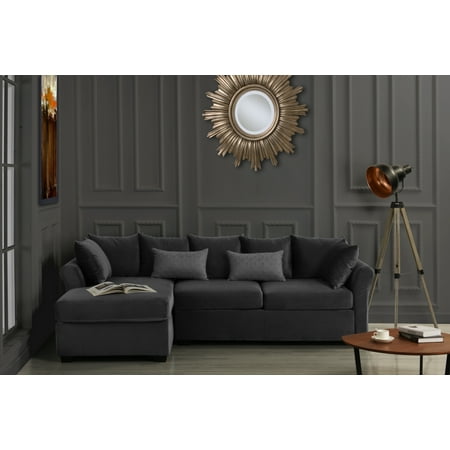 Large Velvet Sectional Sofa L Shape Couch With Extra Wide Chaise Lounge Dark Grey