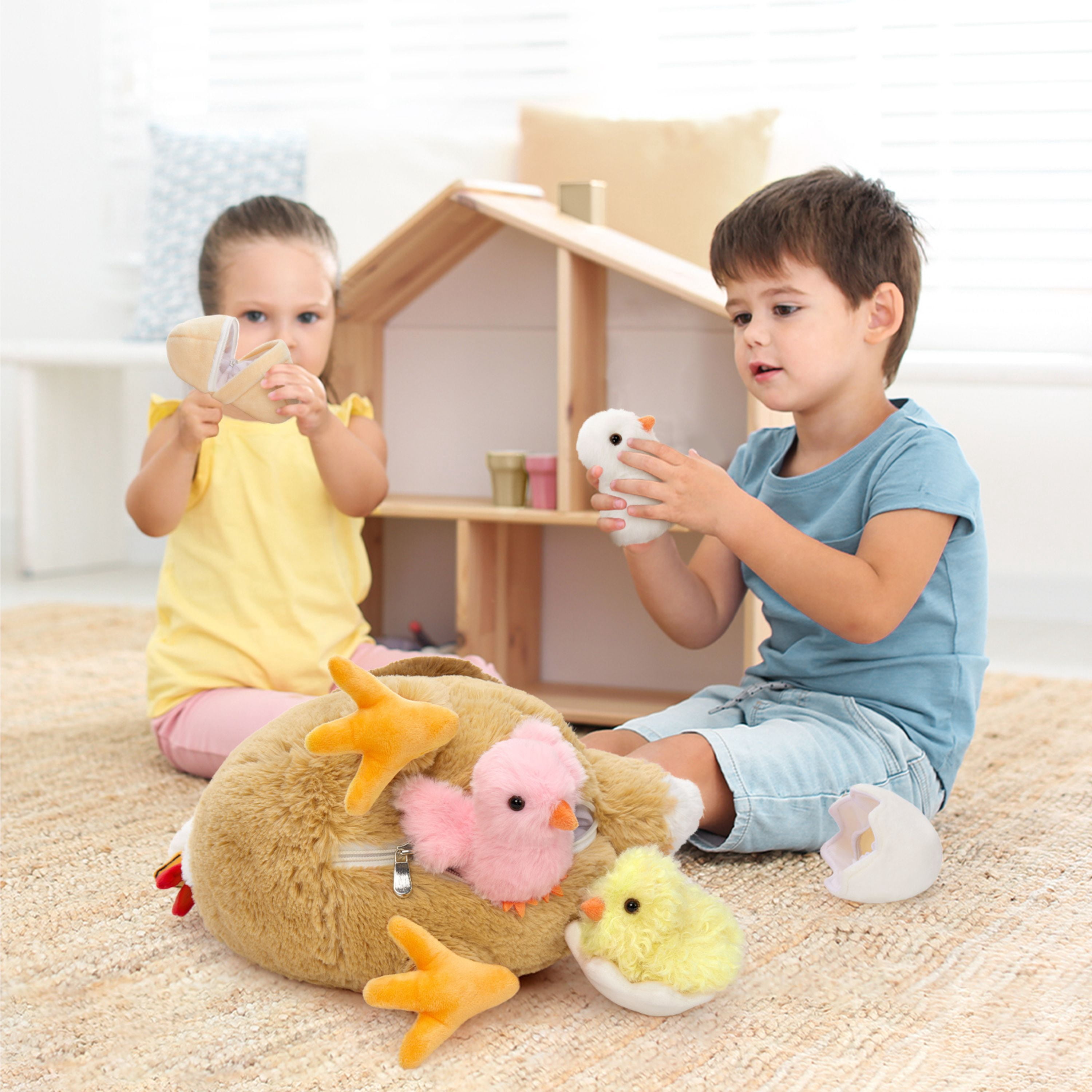 Tezituor 7Pcs Chicken Stuffed Animals 14'' Stuffed Hen with Baby Chicks, Eggs, and Nest House Plush Farm Stuffed Animals