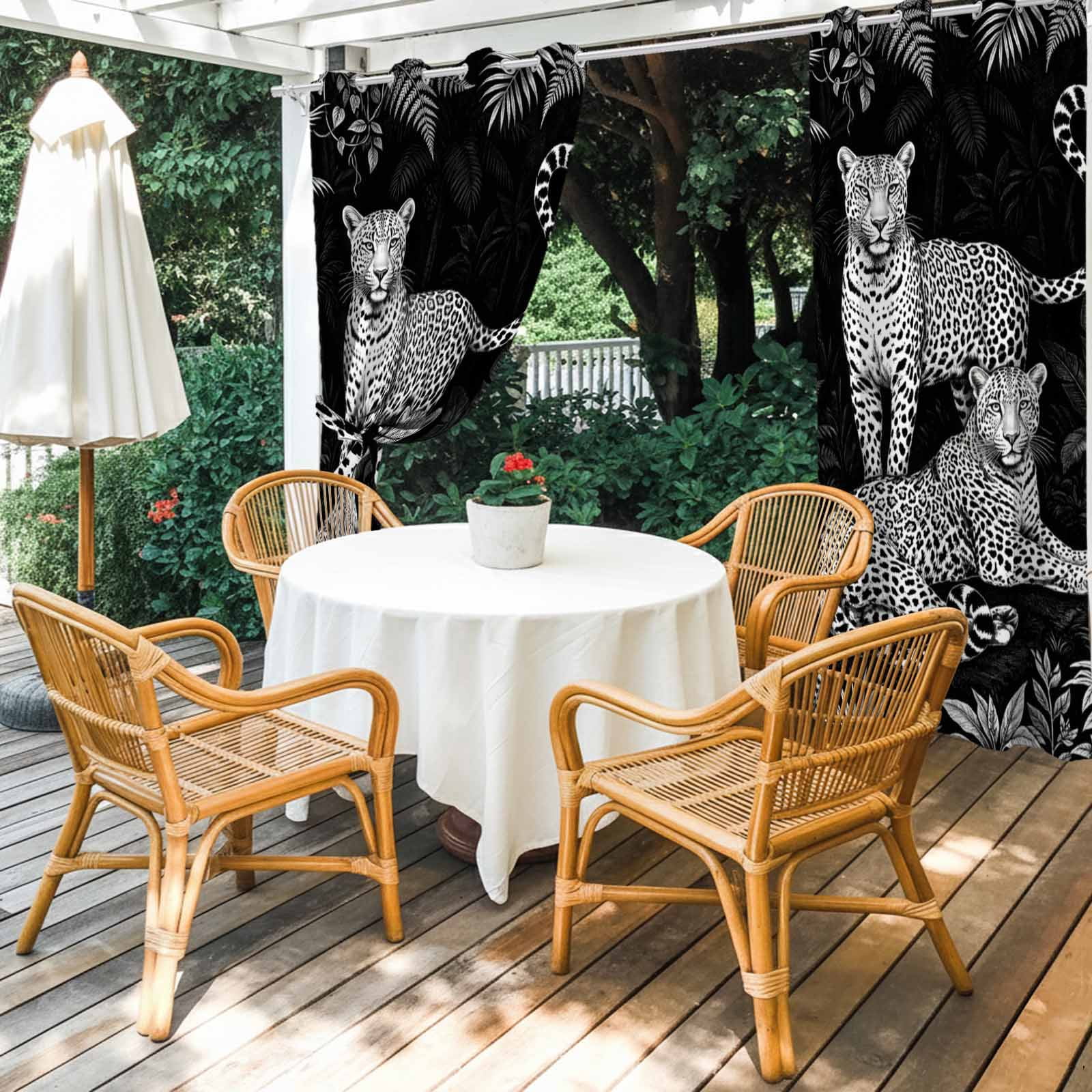 Black And White Leopard Outdoor Curtains for Patio, Tropical Plants Palm Leaf Jungle Animal Sunshade Privacy Drapes Grommet Waterproof Outside Curtains for Porch/Cabana/Balcony 54"x 108", 1 Panel
