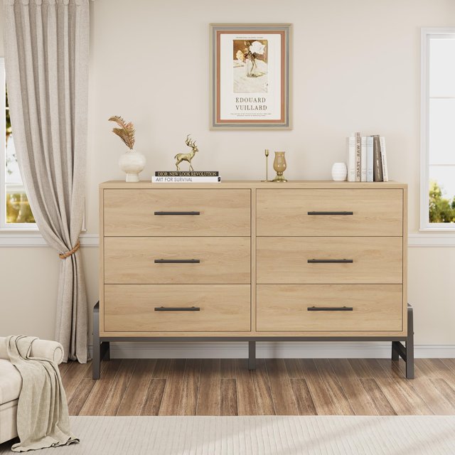EDTara Commode à 6 Tiroirs - Coffre en Panneau MDF et PB de 52 Pouces de Large avec Pattes en Forme de R, Armoire de Rangement Spacieuse à Grain de Bois pour Chambre, Salon, Entrée, Organisateur Autoportant