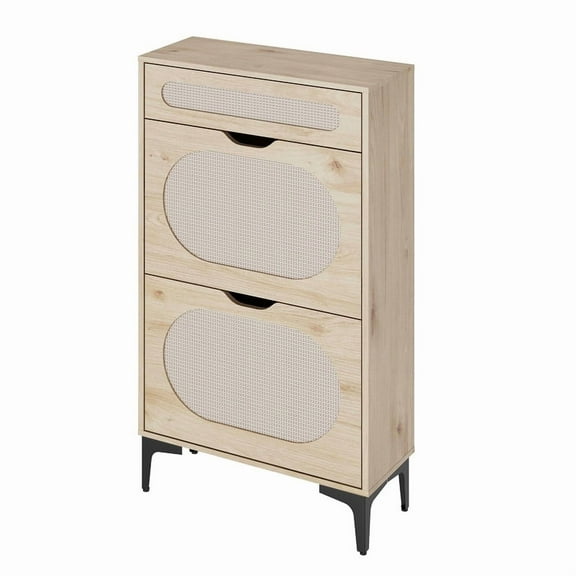 Shoe Cabinet with 2 Rattan Flip Drawers, Farmhouse Freestanding Shoe Storage Organizer for Hallway, Entryway, Foyer, Narrow Shoe Rack Cabinet, Natural
