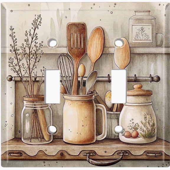 Metal Light Switch Wall Plate Outlet Cover (Printed Image of Rustic Kichen Utensils - Double Toggle)
