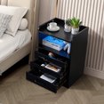 thumbnail image 3 of LED Nightstand with USB Port, Socket and LED Light Strip, Modern Wooden Side Table with 3 Drawers and Open Compartment for Bedroom, Living Room, Black, 3 of 9
