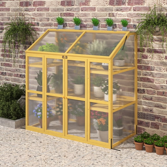 Tcbosik Outdoor Wooden Greenhouse, Cold Frame Greenhouse, Flower Planter Shelf with Flip-Top Roof, Mini Greenhouse Cabinet for Garden Patio Backyard, Brown