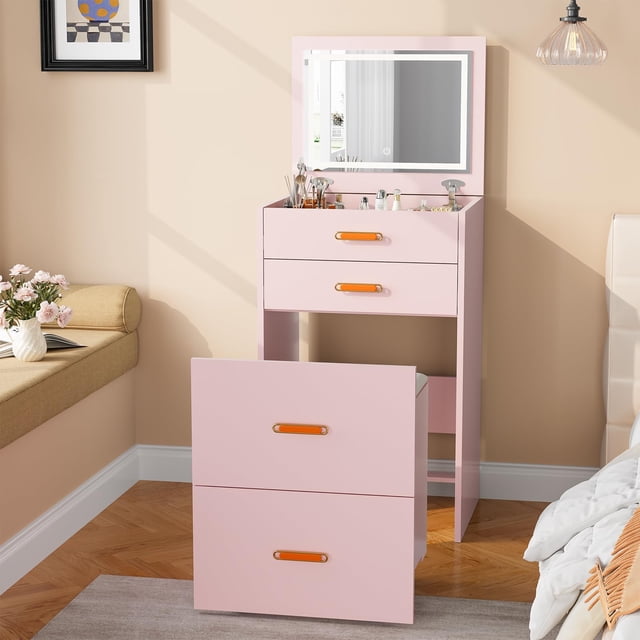 AKDSteel Petit Bureau de Maquillage avec Miroir et Lumières Réglables, Ensemble de Table Compact Rose avec Rangement et Chaise Roulante