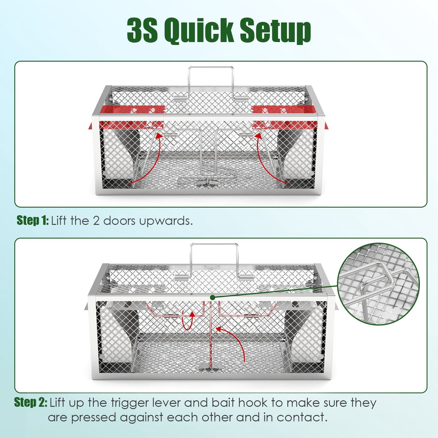 2 Pack 2-Door Humane Rat Trap Automatic Continuous Mouse Trap Reusable Galvanized Iron Live Animal Cage, 11.81x5.63x4.45in