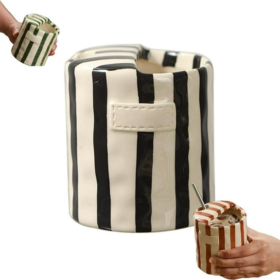 Retro Striped Hand-Painted Ceramic Mark Hand-Held Cup Heat-Resistant Non-Slip Double-Enjoy Cup for Milk Coffee Juice Latte Hot Cold Drinks Valentine's Day Gift Drinkware (Black)