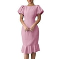 thumbnail image 2 of Simua Womens Dresses Elegant Balloon Sleeve Ruffled Fishtail Dress Solid Crewneck Midi Bodycon Dresses, 2 of 7