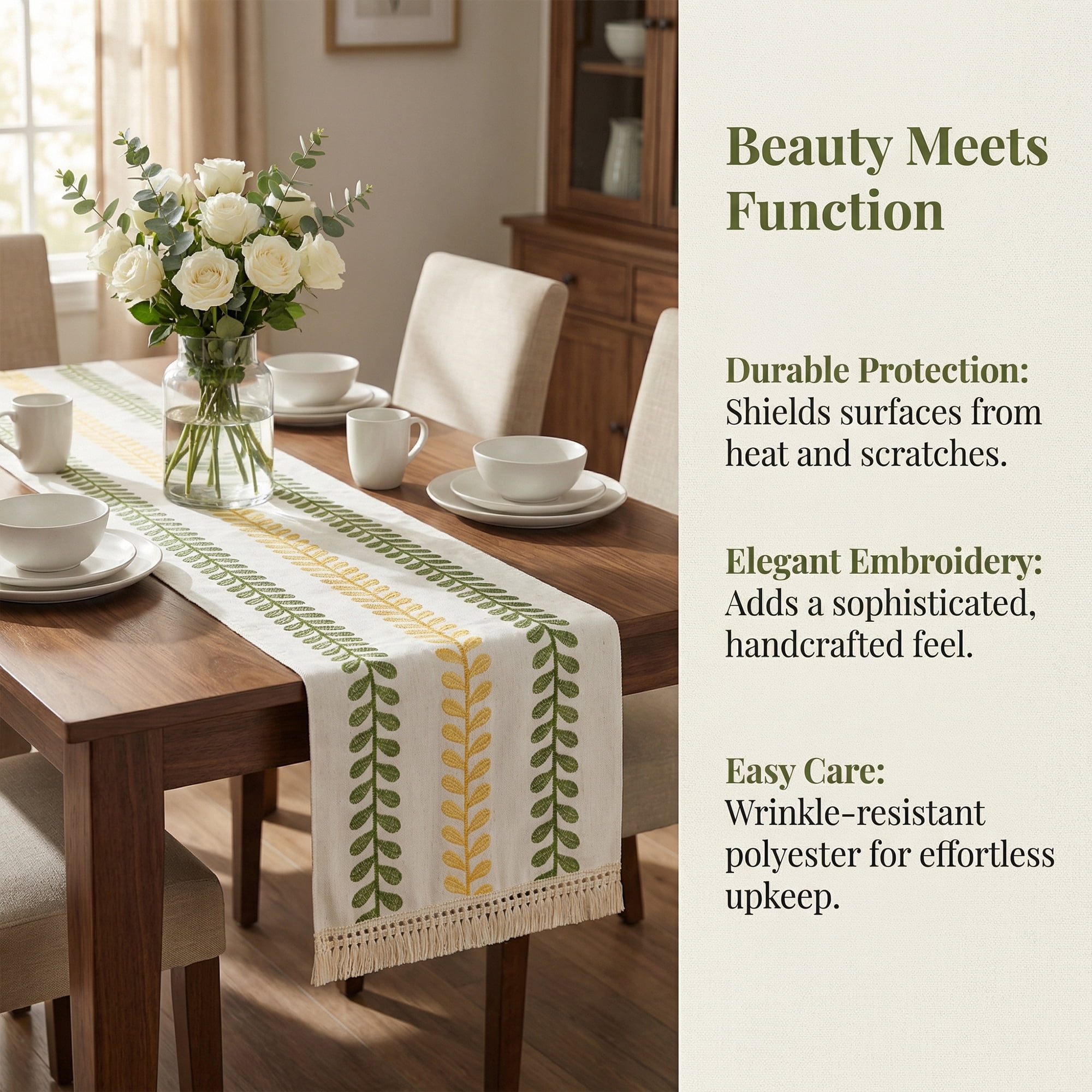 Unique Bargains Polyester Floral with Tassel Table Runner for Kitchen Decor Green 15.4"x82.7"