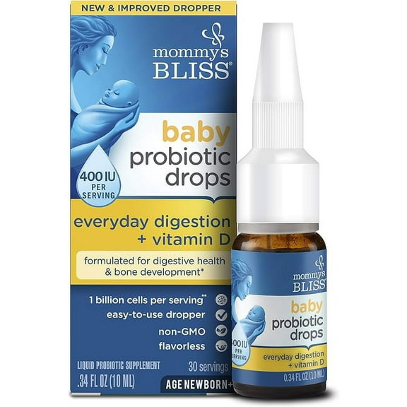 Mommy's Bliss Baby Probiotic Drops   Vitamin D, Supports Digestive Health and Immunity, 400IU Vitamin D for Healthy Bone Development, Newborns  , Flavorless, 0.34 Fl Oz (30 Servings)