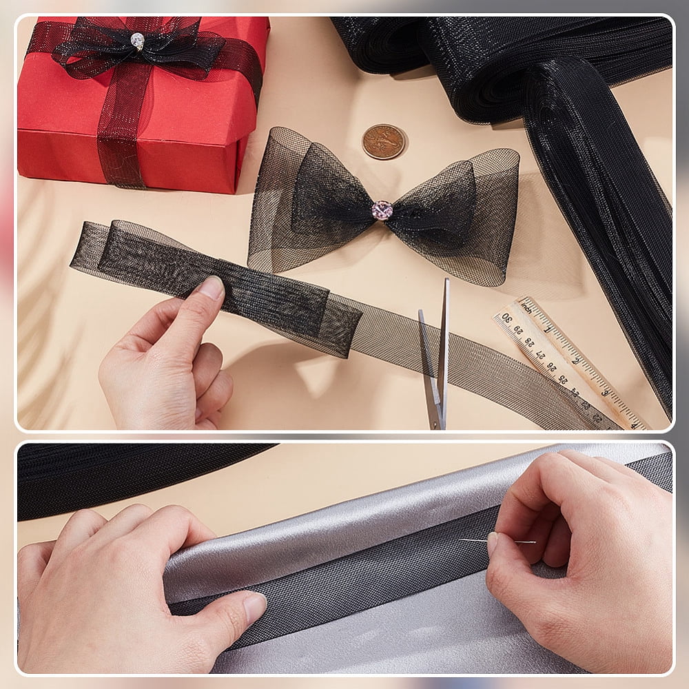 3 Rolls 3 Styles Elastic Polyester Deco Mesh Ribbons for Hat Decoration Skirts Decoration Making Black 1~3 inch(25~75mm) 1roll/style