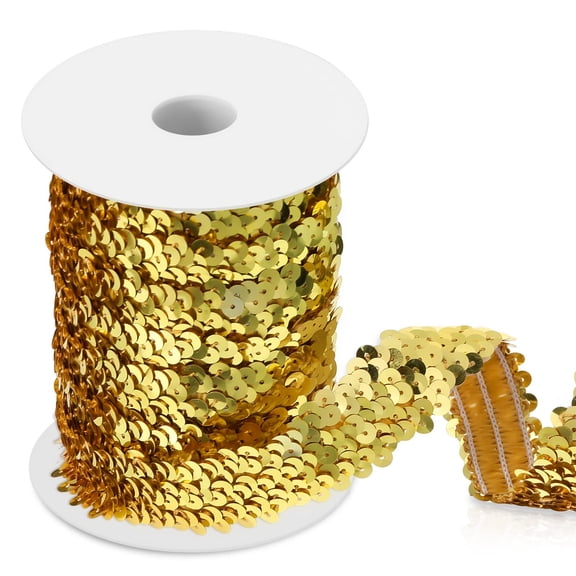Chuangdi 11 Yard 1 Inch Elastic Sequins Trim 3 Row Flat Glitter Sequin Bling Fabric Paillette Ribbon Trim Metallic Stretch Crafts Elastic Lace for Dress Embellish(Gold)